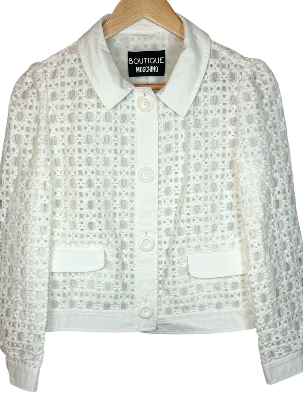 Boutique Moschino White Sangallo Lace Cropped Blazer Italy US 6